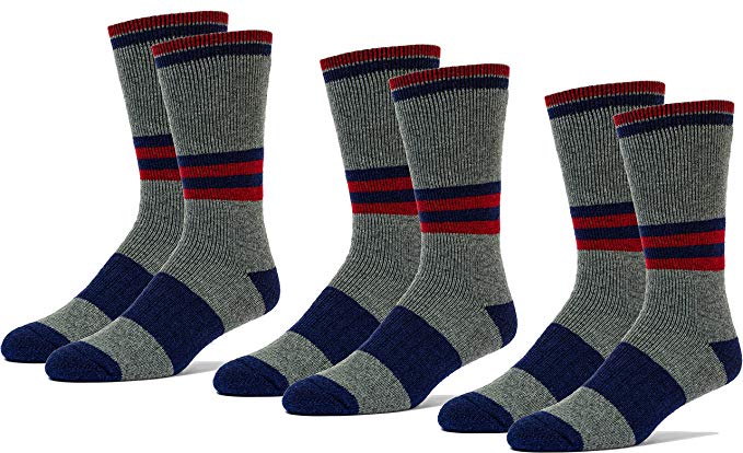3 Pairs Mid Weight Patterned 70% Merino Wool Men's Thermal Crew Socks Cushioned For Hiking Trailing and Everyday Use
