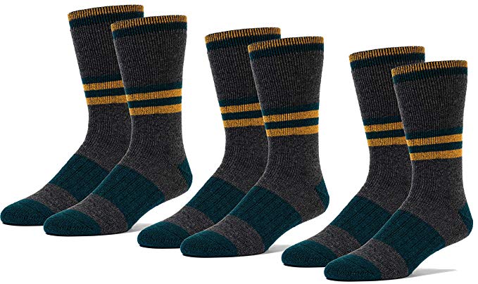 3 Pairs Mid Weight Patterned 70% Merino Wool Men's Thermal Crew Socks Cushioned For Hiking Trailing and Everyday Use